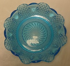 Vintage Eisblau Vertiefung Glas Obst/Dessert Schale Form Textur Rüschen Rand