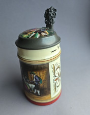 Jugendstil Bierkrug 1/2 L. Halt Diendl! Jäger mit Lichtbild König Ludwig