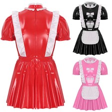 Herren Wetlook Lackleder Dienstmädchen Kostüm Kleid Maid Cosplay Halloween Party