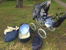 Vintage Hesba Kinderwagen SEHR VIEL Zubehör blau hellblau Kombiwagen Marineblau