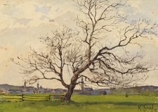 Karl Graf, Landschaft mit Baum und Blick auf St. Pölten (?) in der Ferne, 1891