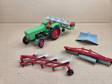 Hausser Elastolin Landmaschinen Traktor mit Zubehör Pflug Trecker Metall Modell