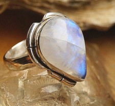 Bauhaus Schlicht Elegant 925er Silber Ring 55 Mondstein Weiß Blau Muster Tropfen