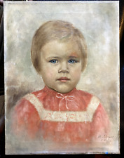 ::ÖLGEMÄLDE PORTRÄT KIND KLEINES MÄDCHEN IN ROTEM KLEID MIT BLAUEN AUGEN K. UVAR