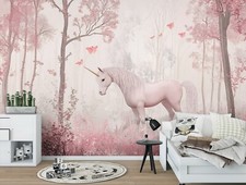Fototapete Kinderzimmer Einhorn Rosa Wald Kinder VLIES TAPETE XXL + KLEISTER 223