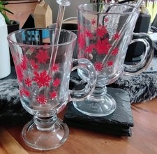 2 Groggläser m. Henkel Rührstab Glas Snowflake Grog Glühwein Punsch Tee Teeglas 