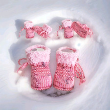 ❤️ Babyschuhe 🌟 gestrickt ❤️ 9 cm rosa ❤️ Flauschrand gehäkelt ❤️ Mädchen ⛄️ 🌟
