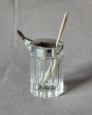 Senf Glas Topf Töpfchen Deckel Scharnier Löffel vintage Art Deco Stil dekorativ