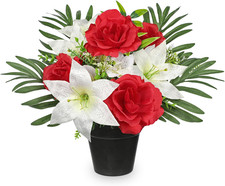 Künstliche Friedhof Blumen Grabschmuck Topf Rot Rosen Lilien Deko