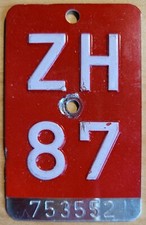 Velonummer Fahrrad-Nummernschild Velo Kennzeichen ZH 87 Zürich 1987 Alu Schweiz