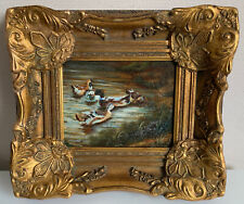 Ölgemälde Entenfamilie auf dem Teich Öl Malbrett Krakelee signiert Rahmen Barock