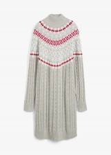 Strickkleid mit Norwegermuster Gr. 36/38-52/54 Grau Rot Langarm Winter-Kleid Neu