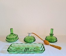 Antik Art Déco Toilettentisch Garnitur Grün Pressglas Set Parfümflakon usw.