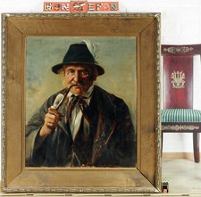 Antikes Ölgemälde Portrait Mann in Tracht Pfeifenraucher Genre Jäger Zunft Rad