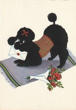 AK GF  Hund - Pudel mit Brief und Strauß Blumen - Verlag: Krüger