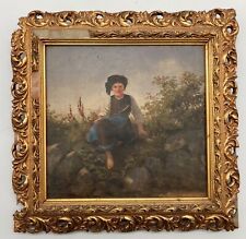 Ölbild Antik Landschaft mit Mädchen Hüterin mit Stock 19. Jahrhundert