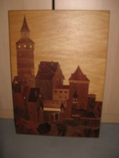 Bild Intarsien Burg Schlos Kellerfund Einlegearbeit Wandbild Handarbeit alt Holz