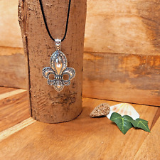 Halskette Kette mit großem Anhänger Fleur de Lis  antik Silber Farbe (50)