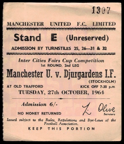 Ticket 1964 manchester united - ticket,
