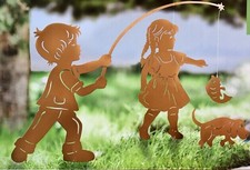 Gartenstecker Angler NEU Junge Mädchen und Hund aus Metall in rost-braun