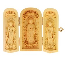Tibet Buddhismus Buchsbaum Kwan-yin Shakyamuni GuanYin 3 Gott Buddha Statue Box