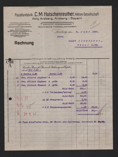 Arzberg rechnung 1925 m - rechnung,