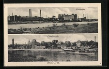 Höchst a. M., Ansichtskarte, Farbwerke und Panorama mit Mainschiff 