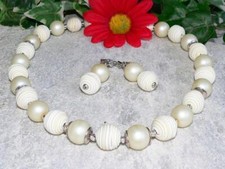 2er Schmuckset Halskette Ohrringe Fimo Perle beige creme Glasperle 447n