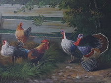 Landschaft mit Federvieh Gemälde Henne Hahn und Truthahn unbekannt signiert 