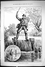 Old Sporting Dramatic News 1885 Man Fishing River Angler Rod Net Swai Victorian