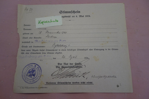 Wahlschein reichstagswahl - wahlschein,