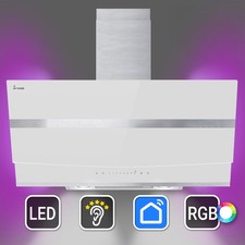 Dunstabzugshaube 90cm Kopffreie Wandhaube Edelstahl weißes Glas WLAN