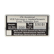 Typenschild Simson S50 B1