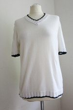 LE TRICOT LONGHIN Schöner V-Ausschnitt Pullover weiß dunkelblaue Papsel Gr. M