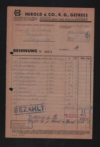 Gefrees rechnung 1949 herold - gefrees,,