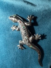 Eidechsen-Brosche, Silberfarbend, mit Roten und Bunten Strass-Steinen