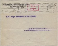 Gebühr-bezahlt-Brief mit TAXE PERCUE-Stempel BREMEN 27.8.1923 nach Amsterdam