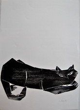 Detlef Willand Spielende Katze handsigniert Holzschnitt 