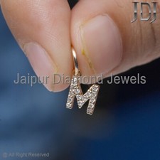 Solid 14k Gelbgold Anhänger Natürlicher Diamant M Initialen Buchstabe Alphabet