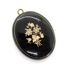 Antike Foto-Brosche / Anhänger Onyx mit Gold-Inlay & Saatperlen Viktorianisch