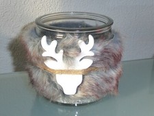 Weihnachten Teelichthalter Windlicht Rentier Glas Glitzersteine Fell 10x10 cm