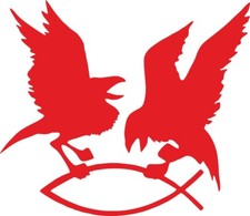 Aufkleber Odins Raben Hugin & Munin greifen den Fisch, rot