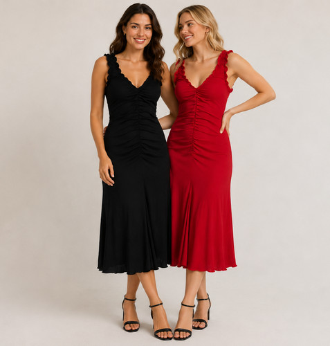 Damen midikleid rot - rot, schwarz