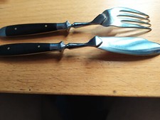 Eichenlaub Fischbesteck, Backenbesteck, Holzgriff, gebraucht