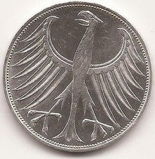 5 DM BRD 1965 F, STUTTGART, SILBER, selten!