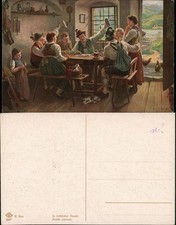 Künstlerkarte E. Rau "In fröhlicher Runde" Gesellschaft am Feiern 1910