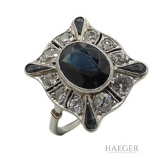 Art Deco Saphir Ring Gr. 55 Weißgold 585/ 14 Karat 0,025 ct Diamant