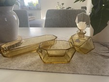 3 teiliges Set Edel Kristall Handgeschliffen gelb für FrisierKommode, Vintage