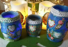 ELAMBIA LED Kerzen - 3er Set -Longlife- Blau Oblaten Herzen Poesie Rosen Sprüche