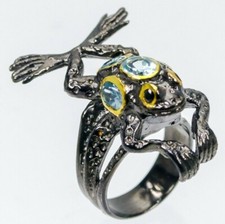 Unikat ! Design Ring - blau Topas - Frosch - 925 Silber Schwarz Rhodiniert + GG